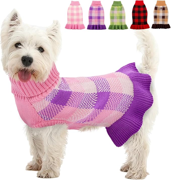 Dog Sweater Dress Plaid Knitwear for Small Medium Dogs Warm Puppy Pet Turtleneck Stretch Pullover Cute Fall Winter Vest Clothes with Leash Hole for Christmas (Purple, XL)
