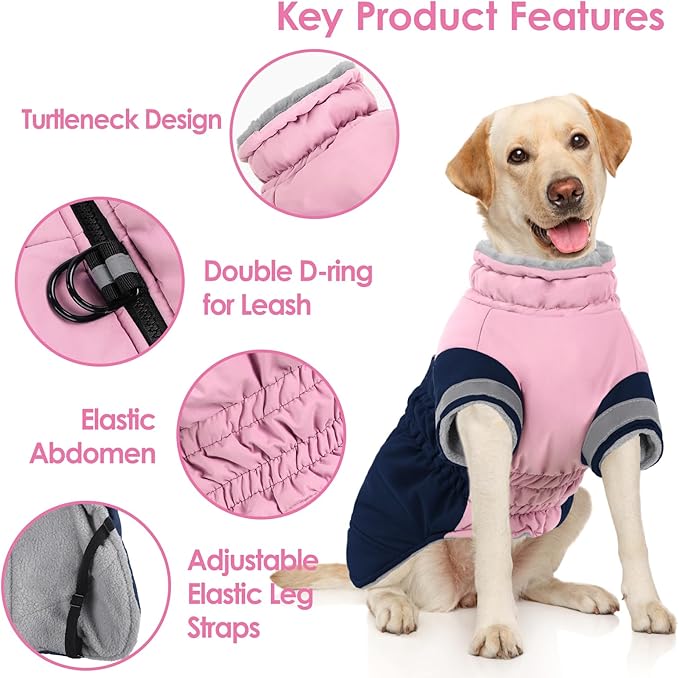 AOFITEE Dog Coat- Two Legged Large Dog Winter Jacket - Zipper Dogs Cold Weather Coat with Harness, Warm Pet Puffer Jackets Reflective Pet Snow Coats for Border Collie, Beagle, PinkNavy XL