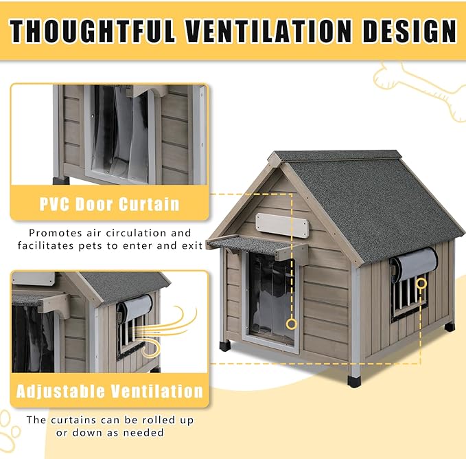 Small Dog House Indoor, Wooden Outdoor Dog House with Waterproof Roof, Chew-Proof Iron Frame, Doghouse Kennel Puppy Shelter for Small Medium Dogs, 26''x34.6''x32''