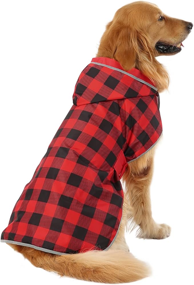 HDE Reversible Dog Raincoat Hooded Slicker Poncho Rain Coat Jacket for Small Medium Large Dogs Buffalo Plaid/Red - 3XL