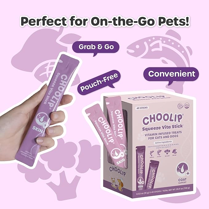 Choolip Squeeze Vita Stick Lickable Cat Treats & Dog Puree – 49-Count Skin & Coat Support Tubes, Creamy Grain-Free High-Protein Puree with Omega 3, Biotin & Vitamins for Healthy Fur & Skin