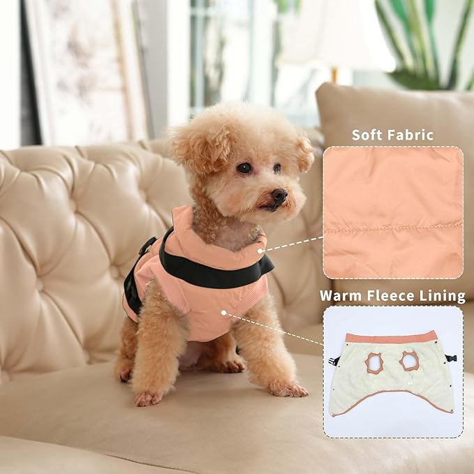 Dog Jacket with Harness,Fleece Lined Warm Puppy Coat for Winter,Soft Windproof Large Dog Vest,LightOrange XXL