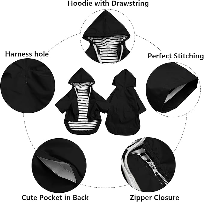 Dog Raincoat rain Jacket Raincoat Dogs Waterproof Small Medium Breeds Zip Closure Storage Pocket Harness Hole Black L
