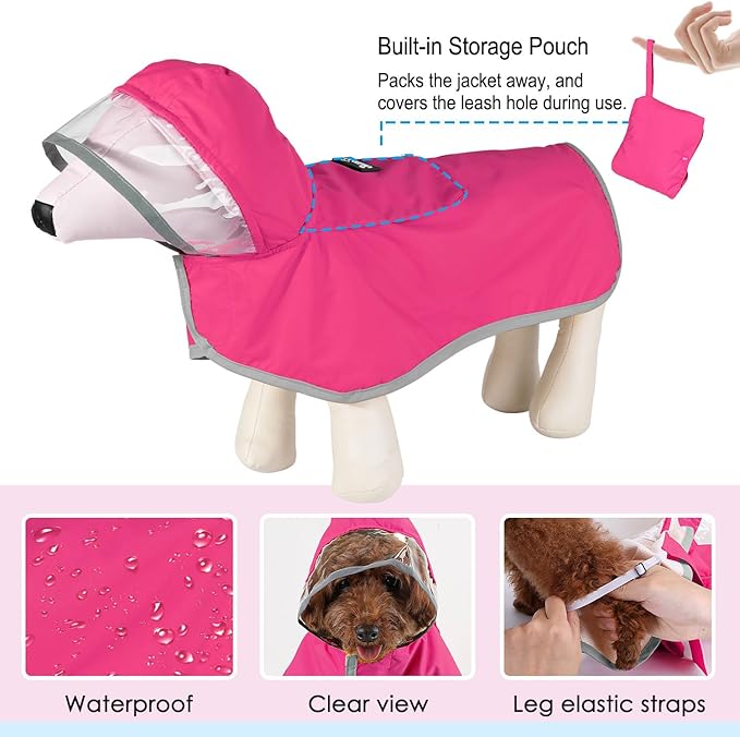 Lukovee Dog Raincoat, Adjustable Dog Rain Jacket with Clear Hooded Double Layer for Large Medium Small Dogs Puppies, Waterproof Rain Coat Poncho with Reflective Storage Pocket & Rim (Fuchsia,XS)