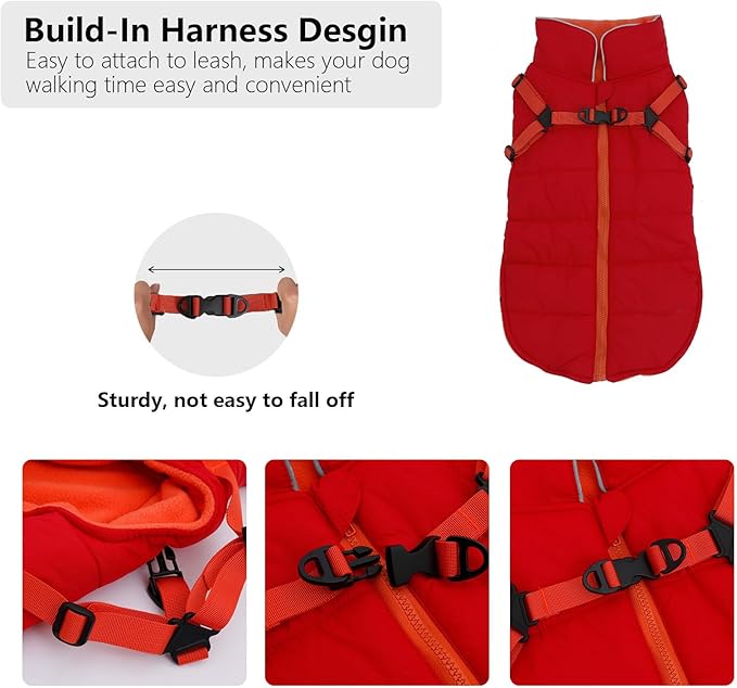 Geyecete Winter Warm Coat Waterproof Dog Winter Jacket with Harness Traction Belt,Windproof Pet Outdoor Jacket Dog Autumn-Red-S