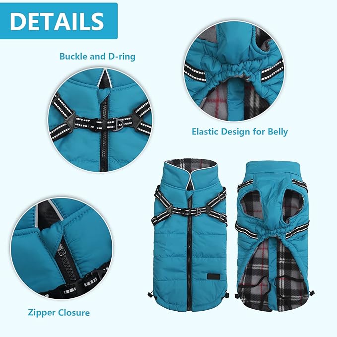 Geyecete Winter Warm Coat Waterproof Dog Winter Jacket with Harness Traction Belt,Pet Outdoor Jacket Dog Autumn and Winter Clothes for Medium, Small Dog-Blue-XXL