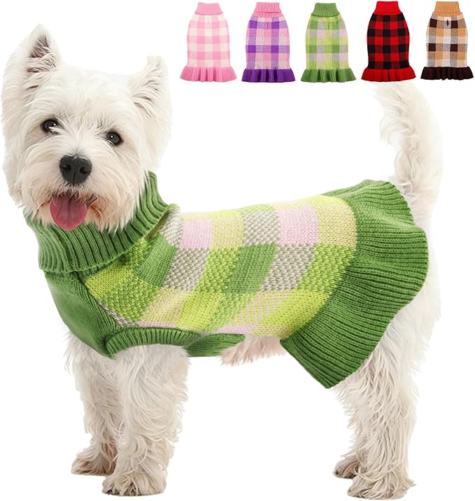 Dog Sweater Dress Plaid Knitwear for Small Medium Dogs Warm Puppy Pet Turtleneck Stretch Pullover Cute Fall Winter Vest Clothes with Leash Hole for Christmas (Green, S)