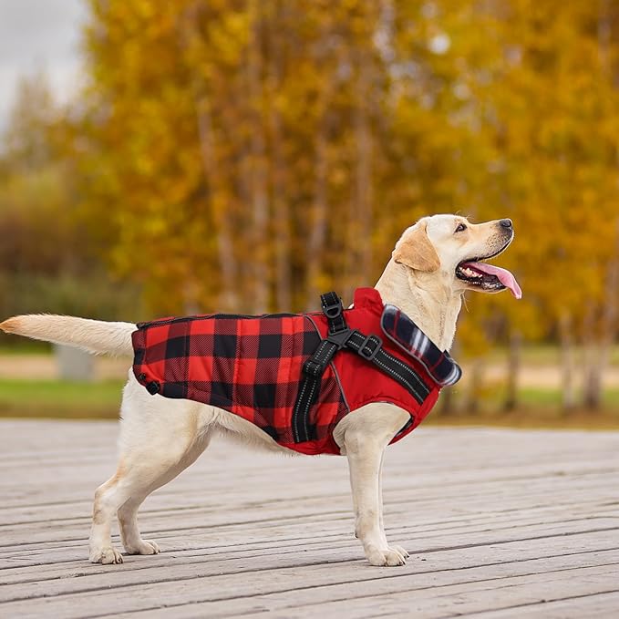Dog Coat with Harness,Small Dog Winter Coat,Doggie Jackets with Built in Harness,Adjustable Warm Jacket for Medium Large Dogs,Pet Puppy Cold Weather Coats for Dogs Waterproof (PlaidRed, Large)