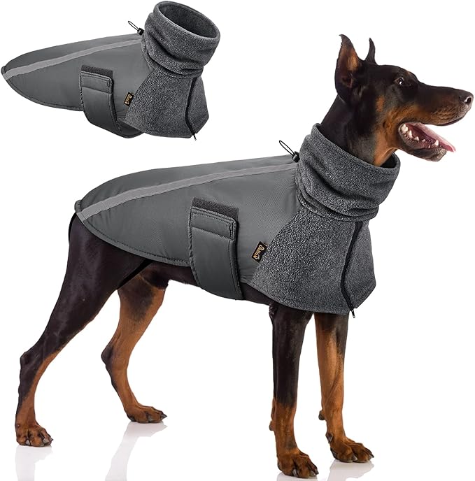 SlowTon Winter Dog Coat, Warm Polar Fleece Lining Doggie Outdoor Jacket with Turtleneck Scarf Reflective Stripe Adjustable Waterproof Windproof Puppy Vest Soft Pet Outfits (XL,Grey)