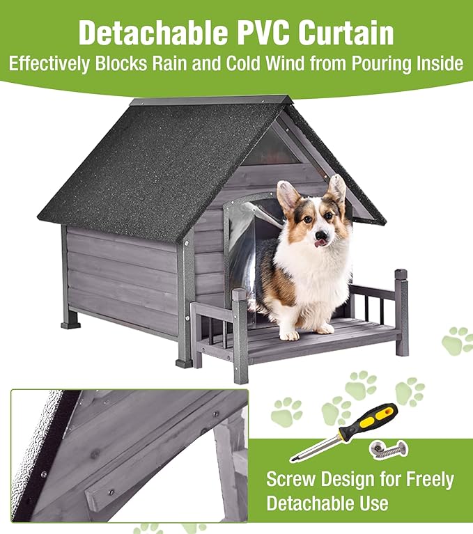 GUTINNEEN Heated Dog House Outdoor for Winter with Anti-Bite Design, Dog Kennel with Heating Blanket, Asphalt Roof, for Small to Medium Dogs - Grey