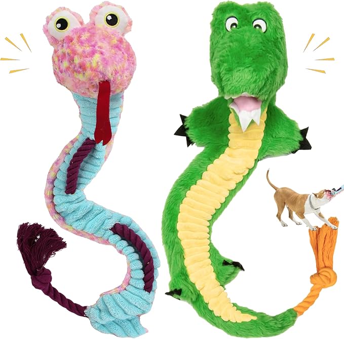 Crinkle Dog Toys Squeaky Plush No Stuffing Cute Puppy Stuffless Tough Rop Pull Toy, Fun Dog Stuffed Animals Durable Chew Set for Small Medium Large Pup (Large, Snake+Alligators)