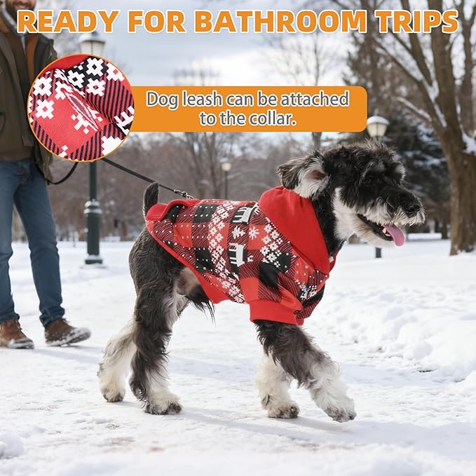 KOOLTAIL Christmas Dog Hoodie,Red Plaid Pet Clothes Sweater with Leash Hole&Pocket for Small Medium Large Dogs, Soft Winter Warm Dog Cold Weather Coat, Fleece Puppy Hooded Sweatshirt for Boys Girls, M