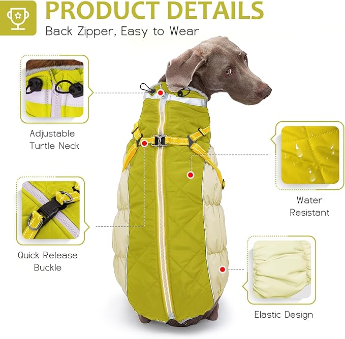 Dog Winter Coat with Harness, Dog Jacket, Pet Clothes with Zipper on Back, Waterproof Windproof Warm Vest, Reflective Cold Weather Coats, for Small Medium Large Dogs, Thick, Green, M