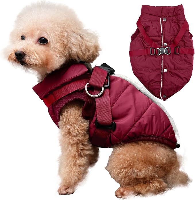 Dog Jacket with Harness,Fleece Lined Warm Puppy Coat for Winter,Soft Windproof Medium Dog Vest,Red XL
