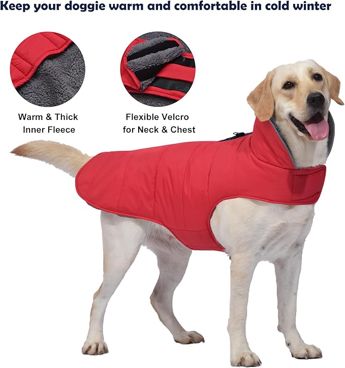 Dog Winter Coat, Waterproof Dog Jacket with Leash Hole, Reflective Adjustable Pet Snow Vest, Warm Fleece Sweater for Small Medium Large Dogs - Red, 3XL