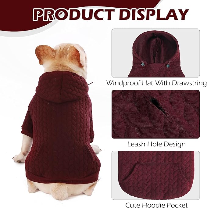 EXPAWLORER Textured Cable Knit Basic Dog Hoodie, Elevated Style Dog Sweater with Leash Hole and Pocket, Soft and Warm Pet Winter Coat, Cold Weather Clothes for Small Medium Large Dogs,Wine Red M