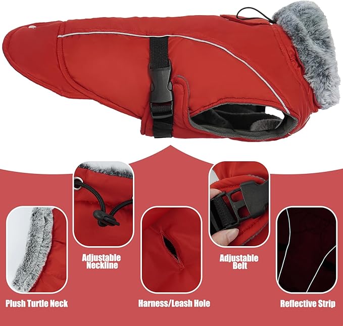DENTRUN Small Dog Winter Warm Coat - Windproof Cozy Jacket, Thick Fleece Vest with Adjustable Belt, Water Repellent, Reflective Dog Sweater for Yorkie Dachshund Wear, Red, S