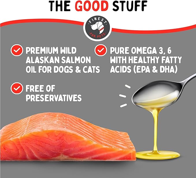 Finest For Pets Wild Alaskan Salmon Oil for Dogs & Cats - Omega 3 Fish Oil with Pollock & Salmon for Sensitive Skin & Coat Health. EPA & DHA Ease Itching, Supports Joint, Immune & Heart Health (32oz)