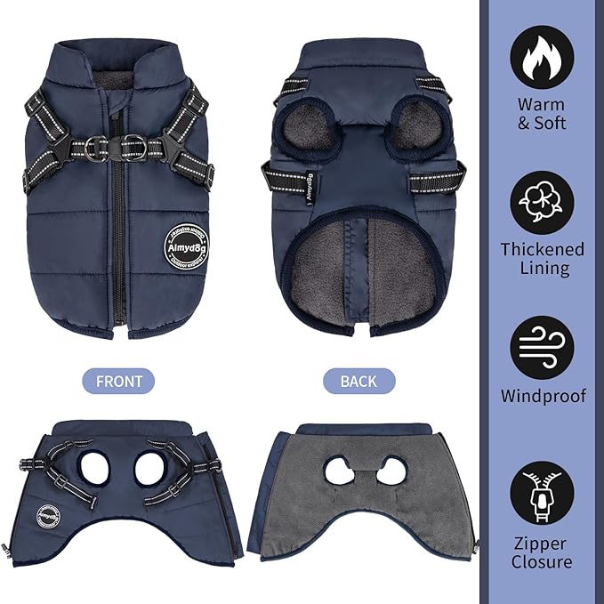 Warm Dog Jacket, Reflective Fleece Vest with Built-in Harness, Waterproof Windproof Snow Jacket for Small Medium Dogs, Navy Blue XS