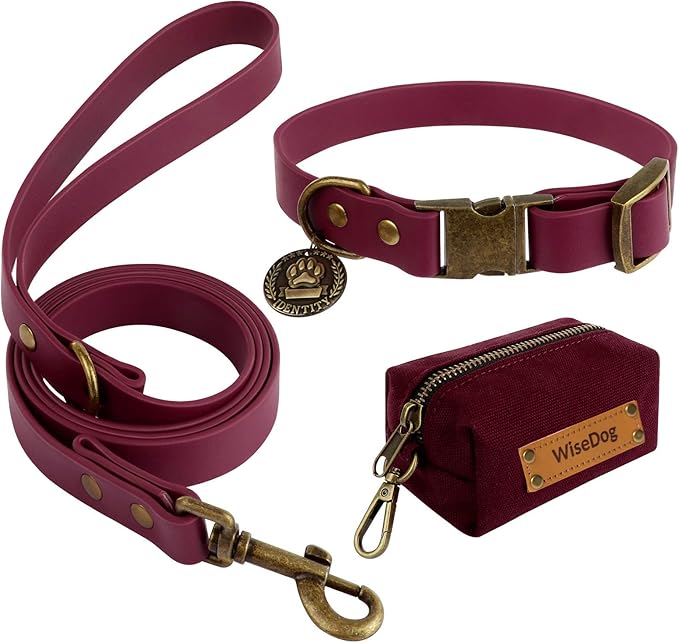 Wisedog Dog Collar and Leash Set, Waterproof Adjustable Puppy Collars with Cute Tag 6FT Dog Leash with Poop Bag for Small Medium Large Dogs (XL(Collar:16"- 25.5";Leash:6 ft), Burgundy)