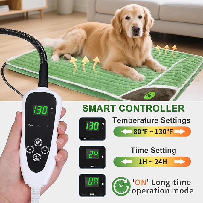 Heated Cat Bed Indoor Washable Bed Memory Foam Soft Dog Bed with Side Pillow, Smart Temperature Control Switch, Removable Cotton Sleeve Wash-Green (Green, 20 x 20 x 2 in)
