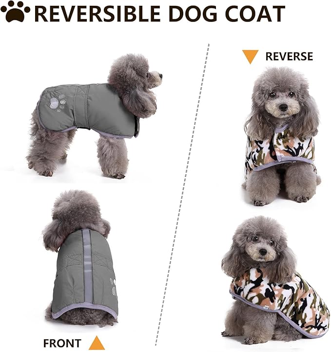 Queenmore Dog Winter Coat, Cold Weather Fleece Jacket for Dogs, Waterproof Reflective Reversible, for Small, Medium and Large Dogs (Grey, XL)