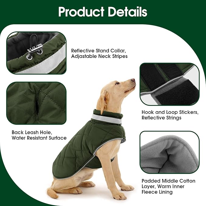 Dog Winter Coat Warm Padded Puppy Jacket Windproof Water Resistant Clothes for Small Medium Large Pets Christmas Sweater Outfit Vest(Green, M)