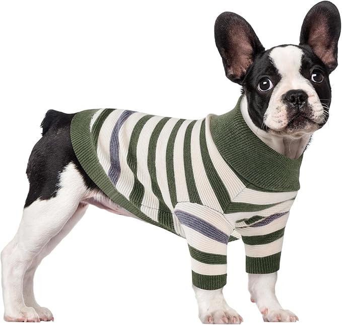 Small Dog Sweater, Knitted Striped Pullover Dog Clothes for Cold Weather, Thick Warm Cozy Stretchy Sweater for Chihuahua, Bulldog, Dachshund, Pug(Green & White Strip, S)