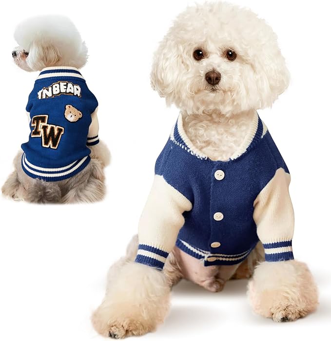 Small Dog Sweater Sweatshirt Cute Blue Puppy Sweaters - Winter Warm Knitted Bear Design for Small Puppies (S)