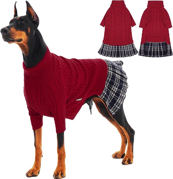 IECOii Girl XXXL Dog Sweater Dress, Girl Dog Sweaters for Extra Large Dogs Turleneck, Red,XXXLarge, Thermal Warm Knitwear with Leash Hole, Adorable Cable Knit Sweater for Christmas & Thanksgiving