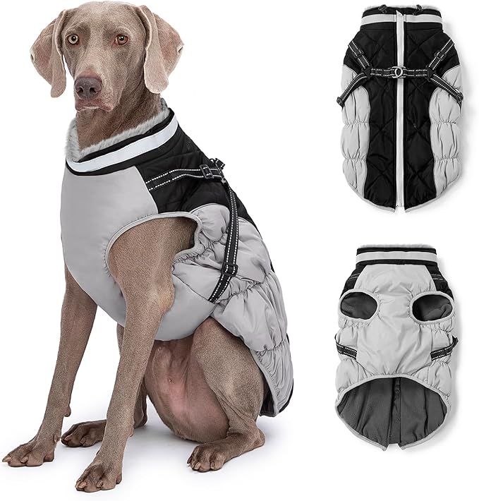 Dog Winter Coat with Harness, Dog Jacket, Pet Clothes with Zipper on Back, Waterproof Windproof Warm Vest, Reflective Cold Weather Coats, for Small Medium Large Dogs, Thick, Black, XL