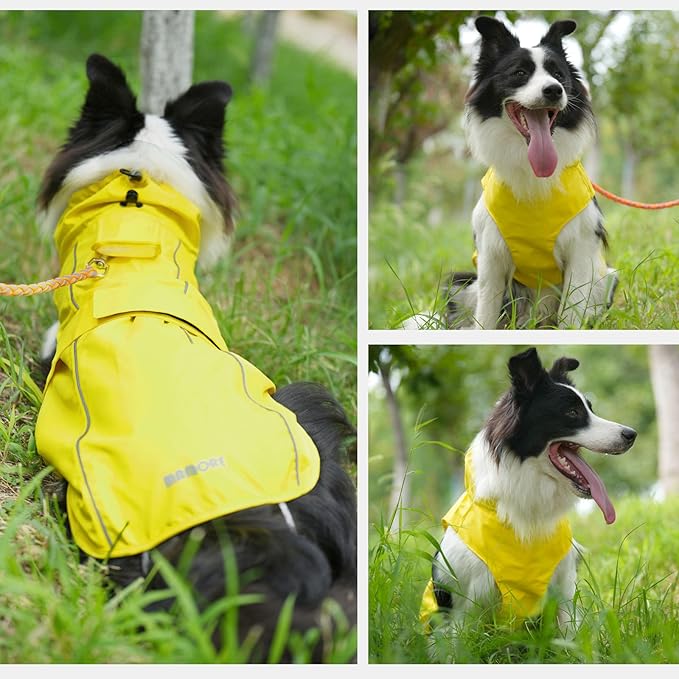 Waterproof Dog Raincoat, Adjustable Lightweight Dog Rain Jacket with Reflective Strip Leash Hole for Small Medium Large Dogs (Yellow, XX-Large(55-77lb))