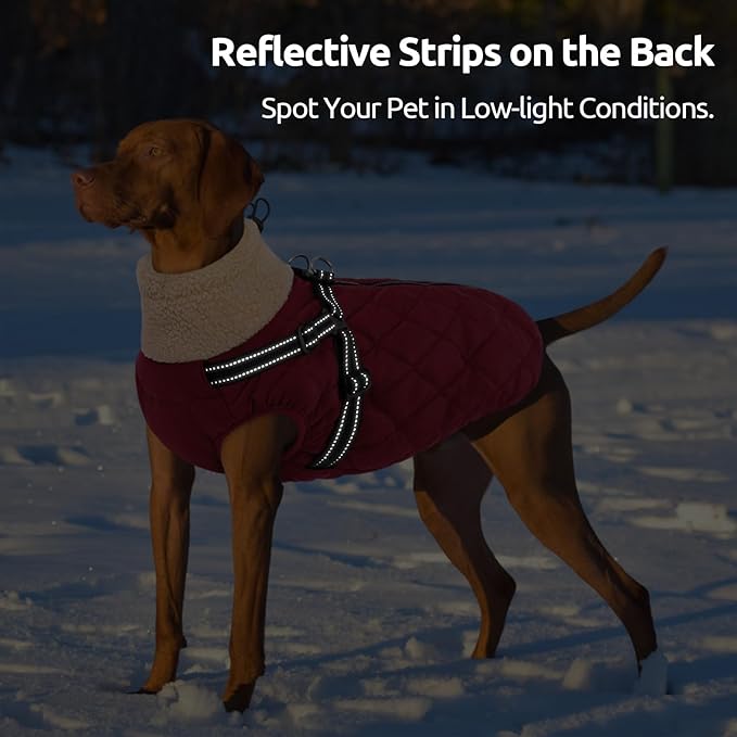 Queenmore Dog Coats for Large Dogs, Dog Jacket, Warm Fleece Winter DogCoat with Harness Built in, Back Zipper Pet Jacket for Large Breeds, Thick Fleece Lining Pet Snowsuit, Burgundy 2XL