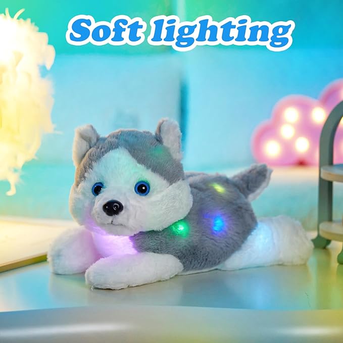Houwsbaby 13'' Gray Light Up Husky Stuffed Animal Dog Soft Plush Night Light Puppy Toy Hugging Pillow Companion Holiday Christmas Birthday Present for Kids Boys Girls Toddlers