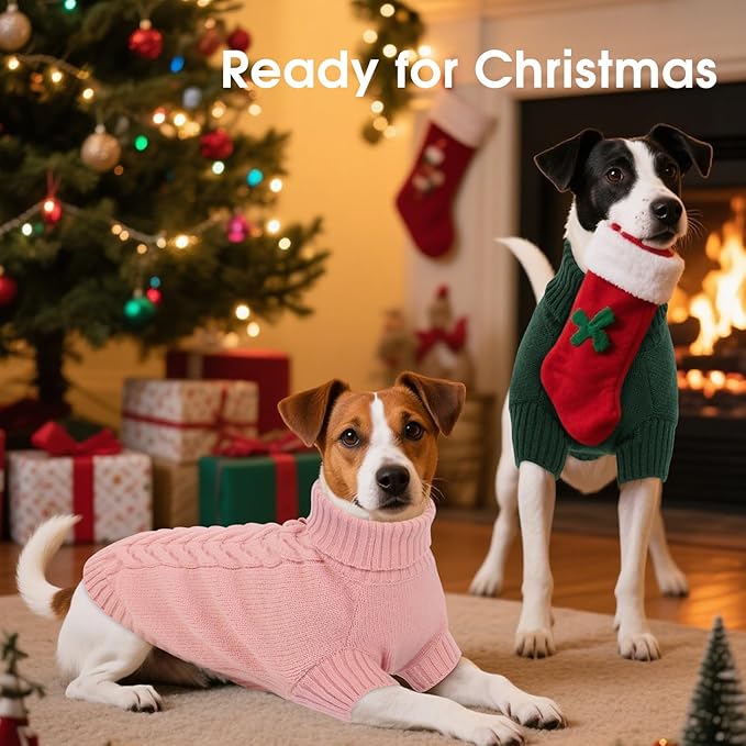 Dog Sweaters for Small Dogs Classic Turtleneck Dog Christmas Sweater Thick Warm Pullover Female Puppy Pet Stretch Knitwear Fall Winter Clothes with Leash Hole(Pink, XS)