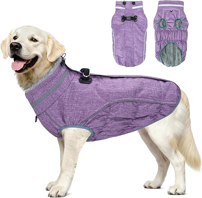 Malier Dog Coat, Reflective Dog Jacket Waterproof Windproof Puppy Cold Weather Coats with Harness Built in, Winter Extra Warm Pet Coat Fleece Vest for Small Large Pets and Puppy (Purple, X-Large)