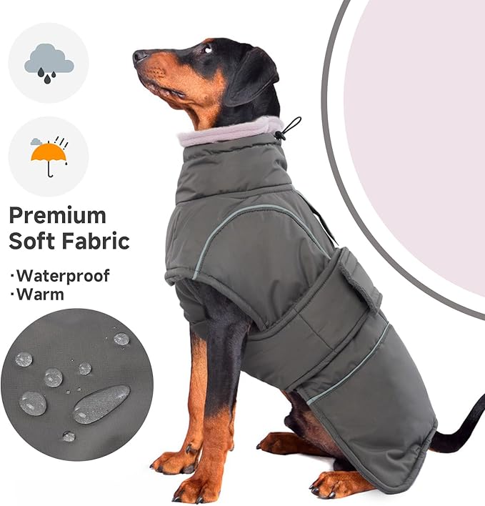 Dog Winter Coat for Small to Large Dogs(XS-XXXL)– Waterproof Windproof Fleece Lined Jacket with Reflective Trim,Pet Vest with Adjustable Buckles, Machine Washable Grey 2XL