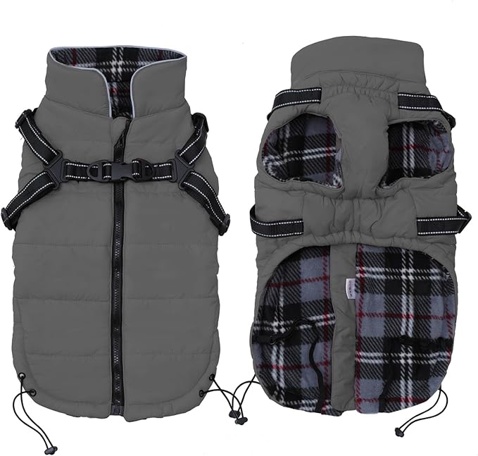 Geyecete Winter Warm Coat Waterproof Dog Jacket with Harness Traction Belt, Pet Outdoor Jacket Dog Autumn and Winter Clothes - Gray - XL