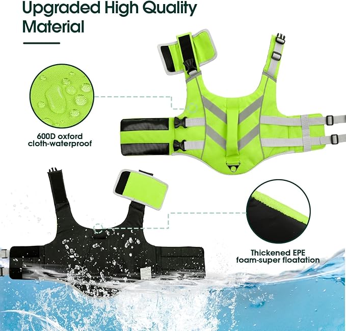 Kuoser Dog Life Jacket XL, Large Vest for Swimming Boating, Reflective Water Vest with High Flotation for Large Dogs, Green