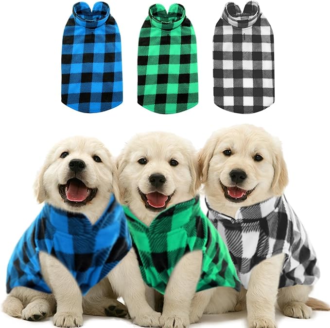 KAMA BRIDAL 3 Pack Spring Autumn Winter Coat Pullover Fleece Vest for Cats Small and Medium Dogs - Thin Sweater Blue Green Black Plaid (M)