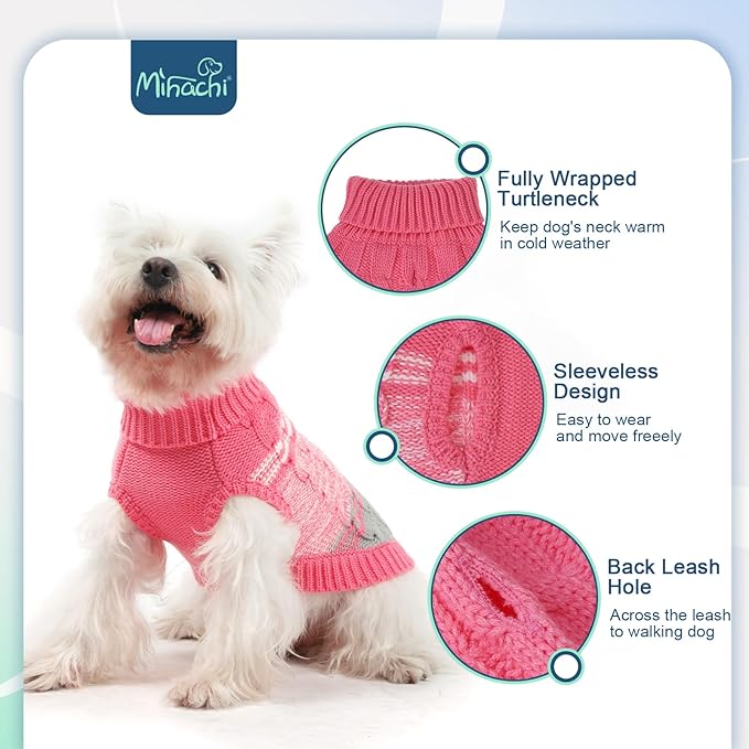 Mihachi Dog & Cat Sweaters for Small & Large Pets, Girl & Boy Pink Turtleneck Dog Coat, Soft & Warm Pullover Clothes & Costume with Leash Hole, Cold Weather Gear