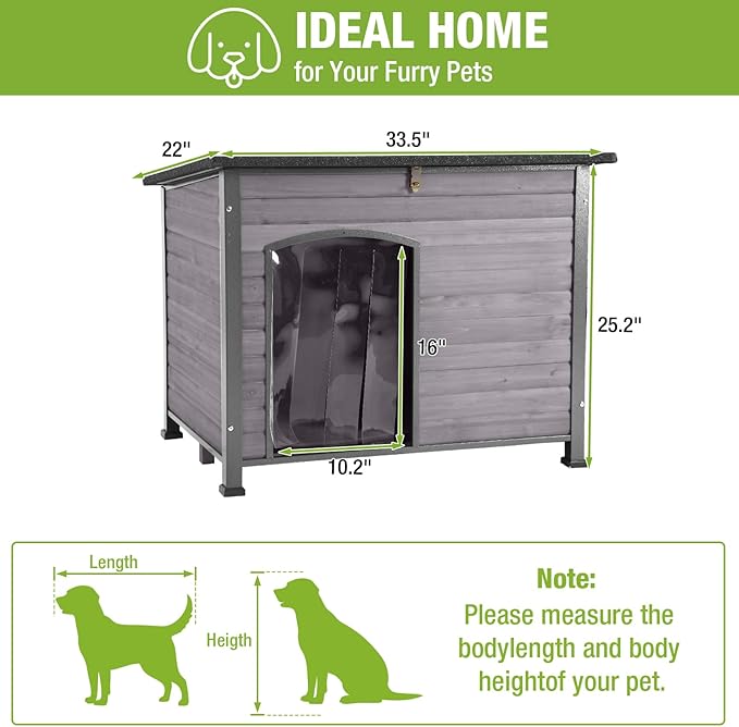 GUTINNEEN Large Outdoor Insulated Dog House Indestructible Dog Shelter Weatherproof Dog Kennel with Chew-Proof Metal Frame, Openable Roof for Small to Large Dog Breeds (Grey, 33.5"L x 22"W x 25.2"H)