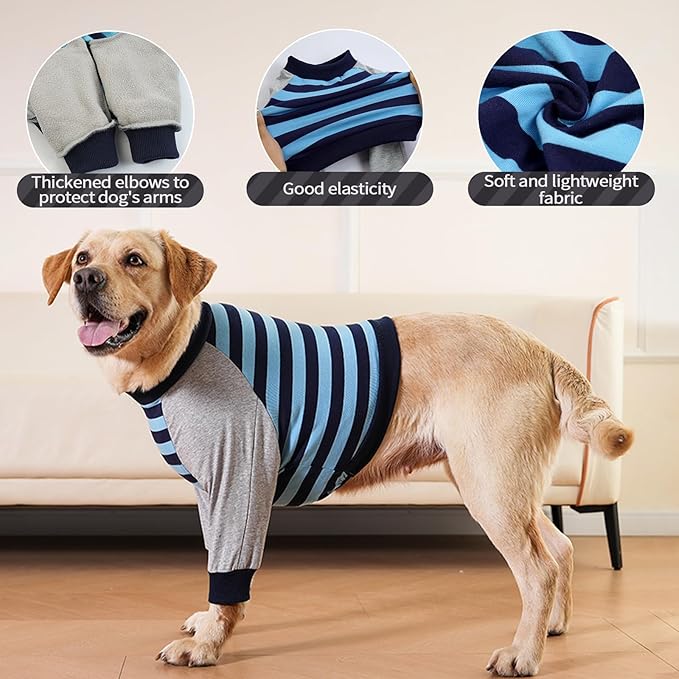 FUAMEY Dog Recovery Sleeve with Elbow Protector,Dogs Shirt Stop Licking Joints,Pet Long Sleeve Suit Protecting Dog's Front Leg Arm Wounds Cover Skin Conditions Blue Stripe M