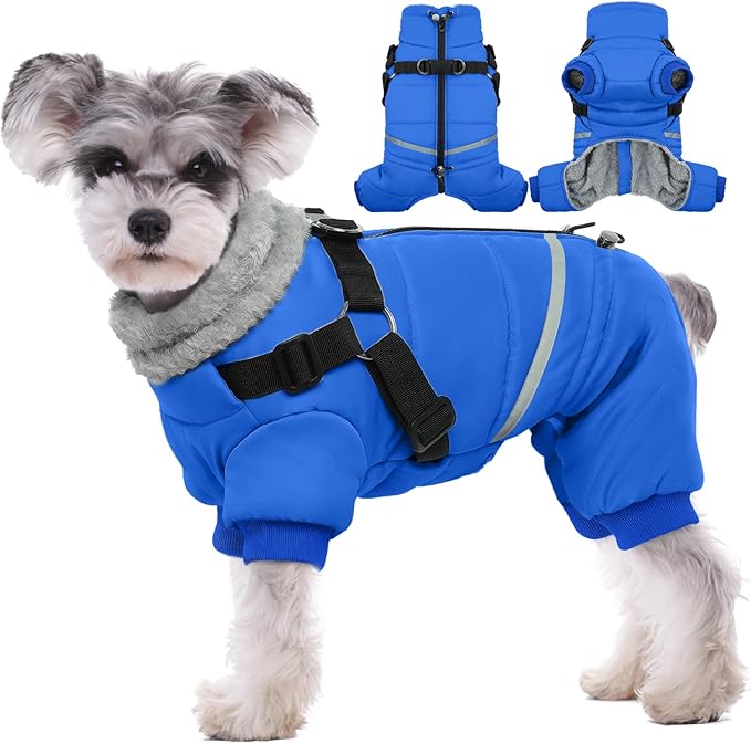 BRKURLEG Blue Dog Winter Coat, Cozy Winter Dog Jackets, Small Medium Dogs Coat with Harness, Onesie Body Warm Puppy Christmas Jacket, Pet Cold Weather Jackets, Puppy Four-Legged Puffer Coats, XXL