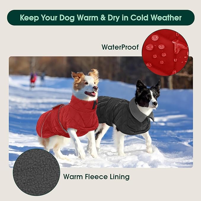 Kuoser Extra Warm Windproof Dog Cold Weather Coat, Fleece Lined Turtleneck Christmas Dog Jacket, Quilted Pet Winter Snowsuit Thermal Clothes with Reflective Adjustable Straps, Red L