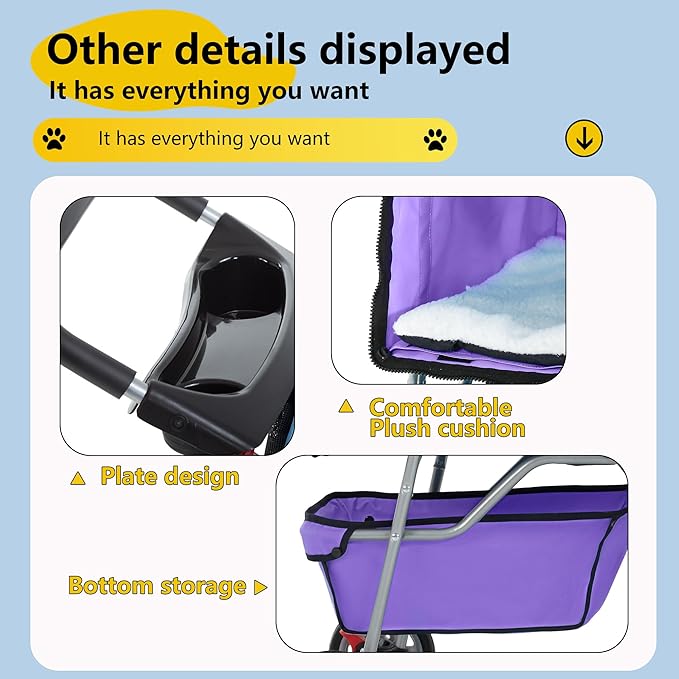 FDW Pet Stroller 4-Wheel Dog Cat Stroller Travel Folding Carrier Puppy Stroller with Cup Holder and Removable Liner for Small Medium Dogs Cats, Purple