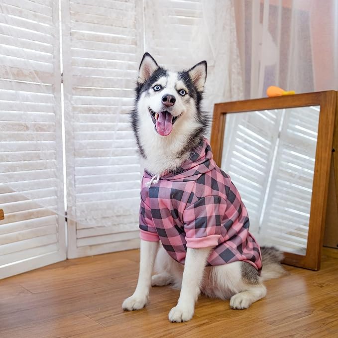 KOOLTAIL Plaid Dog Hoodie Pet Clothes Sweater with Hat and Pocket for Small Medium Large Size Dogs, Soft Winter Warm Dog Cold Weather Coat, Fleece Fall Dog Hooded Sweatshirt for Puppy Cats, Pink XL