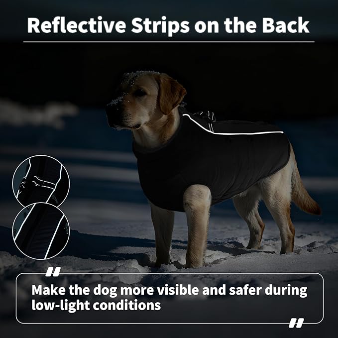 IDOMIK Warm Dog Coat with Harness, Waterproof Reflective Dog Jackets for Small Medium Large Dogs, Fleece High Collar Winter Jacket with Zipper, Pet Winter Snowsuit Clothes for Cold Weather,Black 3XL