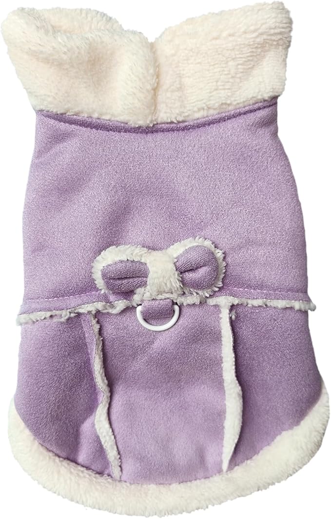 Jecikelon Bowtie Dog Cold Weather Coat Fleece Lining Warm Pet Puppy Turtleneck Dogs Winter Clothes for Small Dogs with D-Ring (Purple, Small)