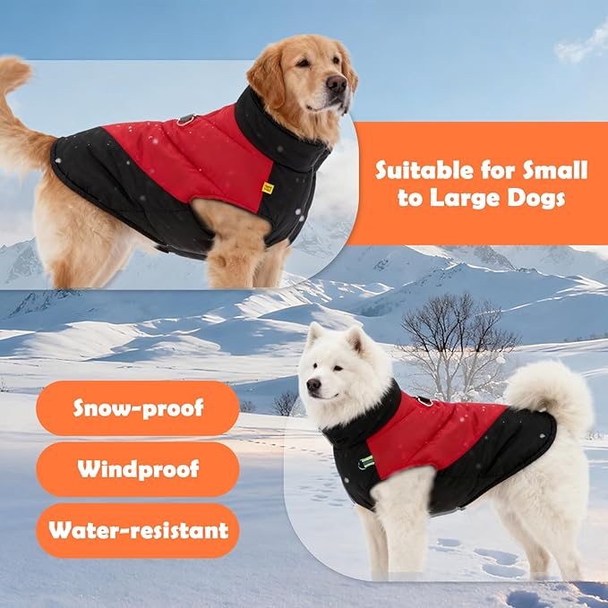 Fleece Lined Dog Coats Extra Warm Dog Winter Coat,Waterproof Dogs Jacket for Medium to Large Dogs,Cold Weather Winter Clothes Turtleneck Windproof Reflective Pet Vest (Red & Black, 3XL)